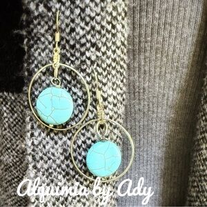 Chunky turquoise dangle silver long hoop earrings